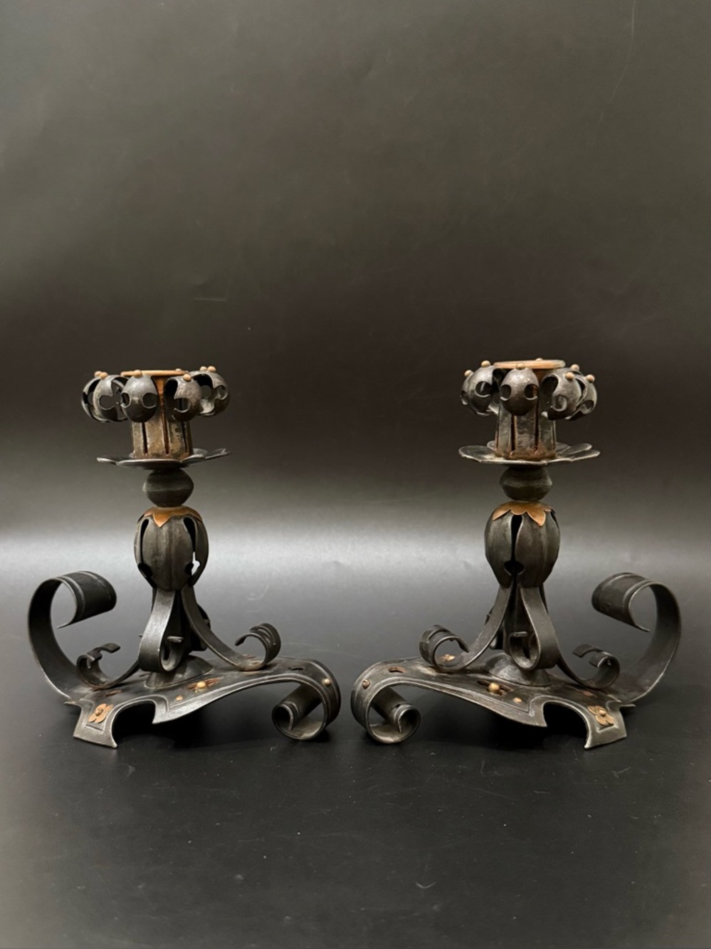 Pair Vintage Hand Forged Wrought Iron Gothic Renaissance Revival Candle Holder
